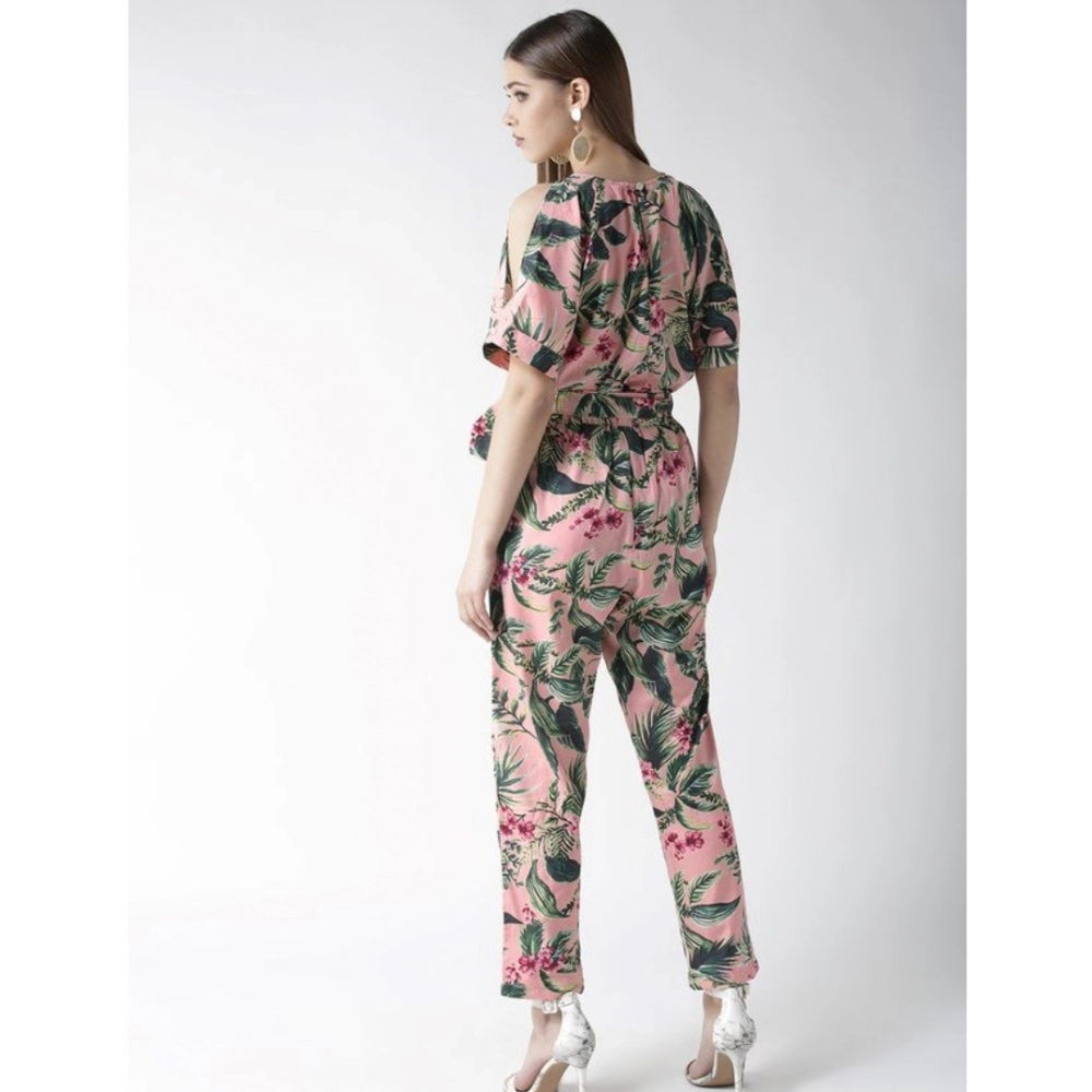 HD Women's Polyester Floral Half Sleeve Jumpsuit (Pink)