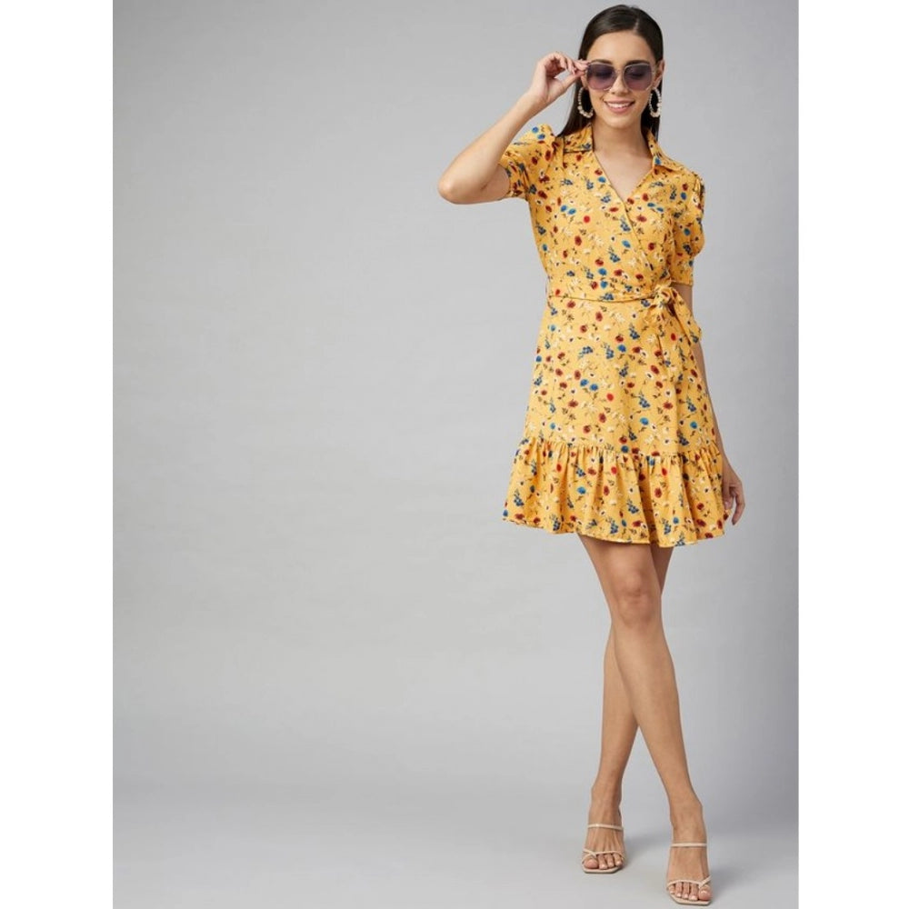 HD Women's Polyester Floral Short Sleeve Above Knee Dress (Yellow)