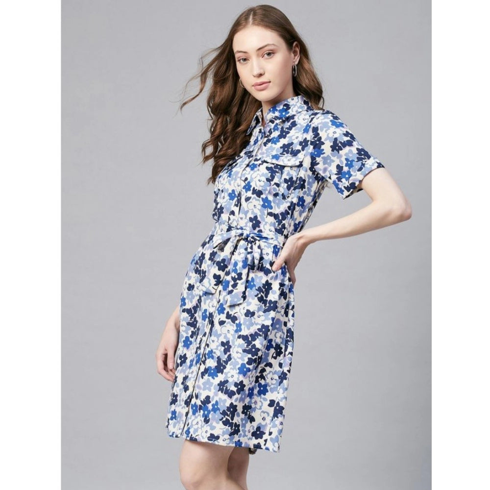 HD Women's Polyester Floral Short Sleeve Above Knee Dress (Blue - White)