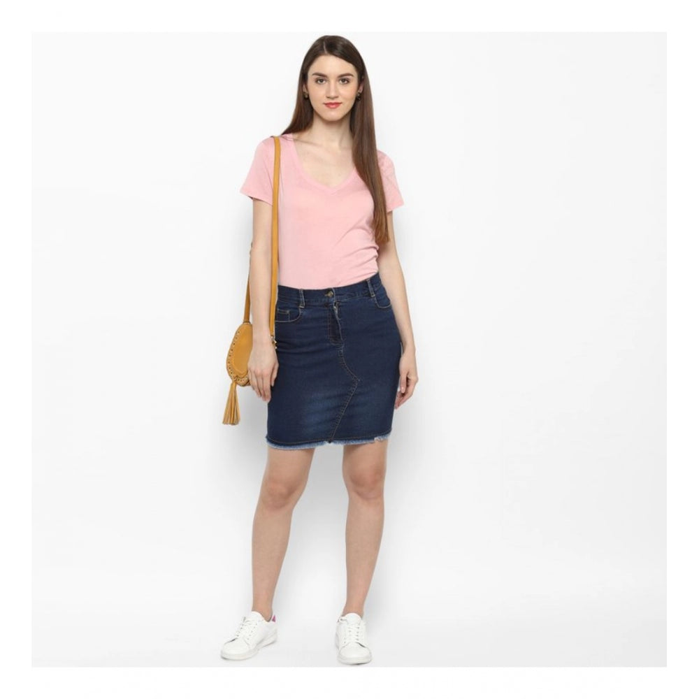 HD Women's Denim Stitching Pattern Buttoned Skirt (Blue)