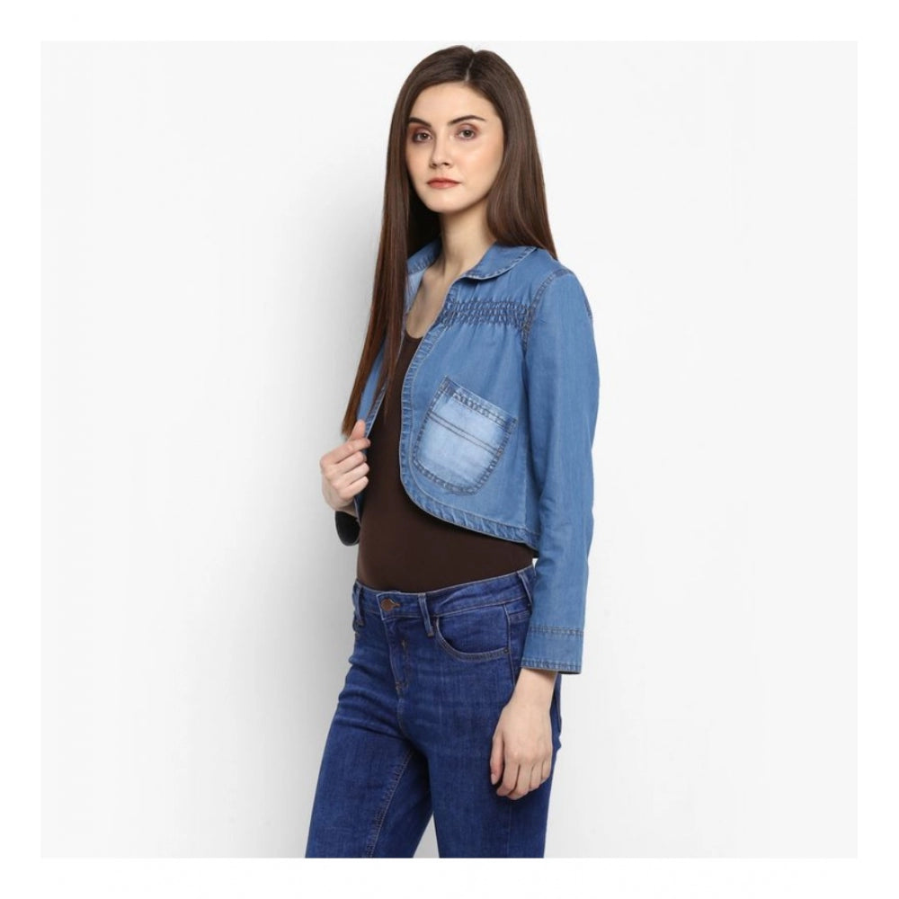HD Women's Denim Smocking 3-4th Sleeves Shrug (Blue)