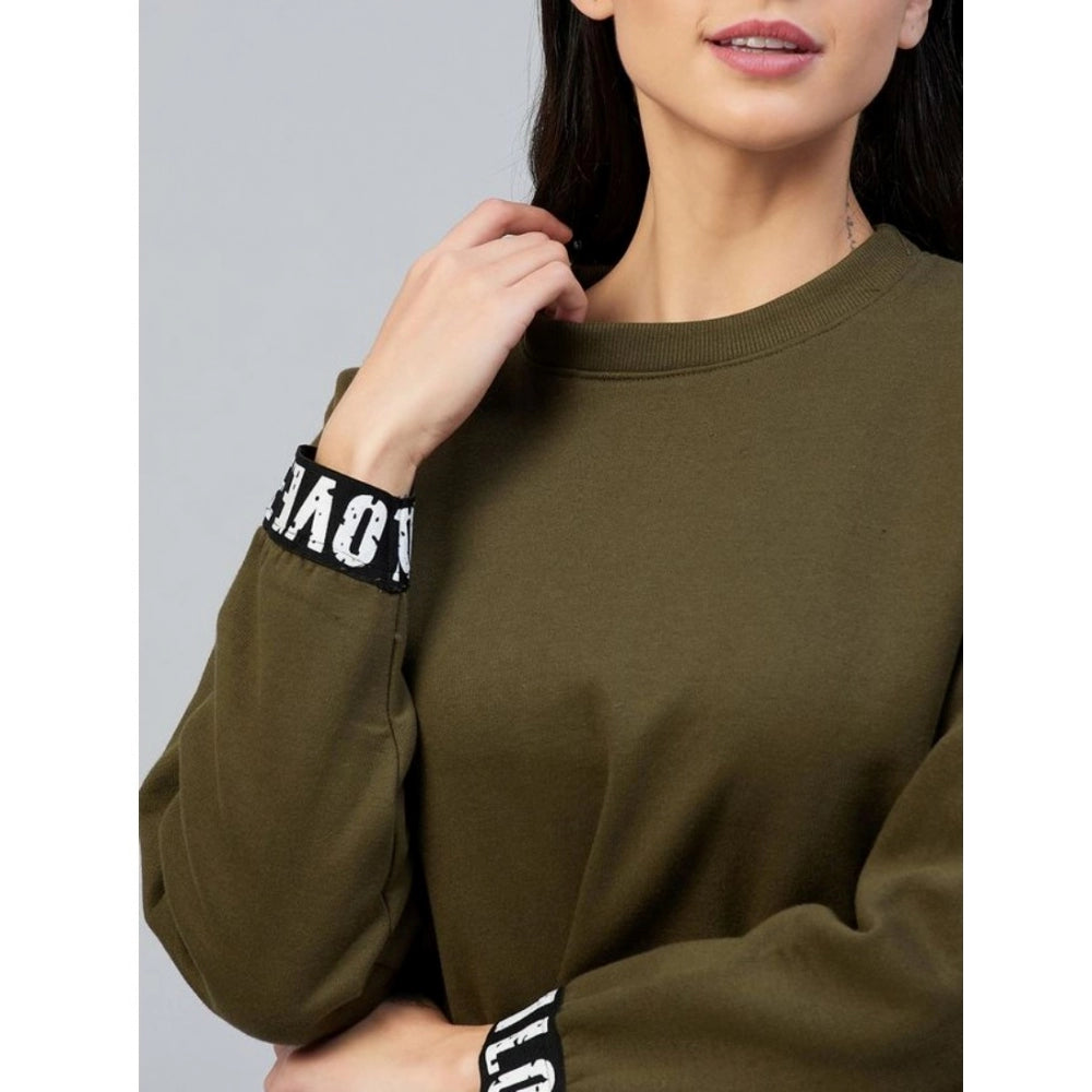HD Women's Fleece Solid Long Sleeves Sweatshirt (Olive)
