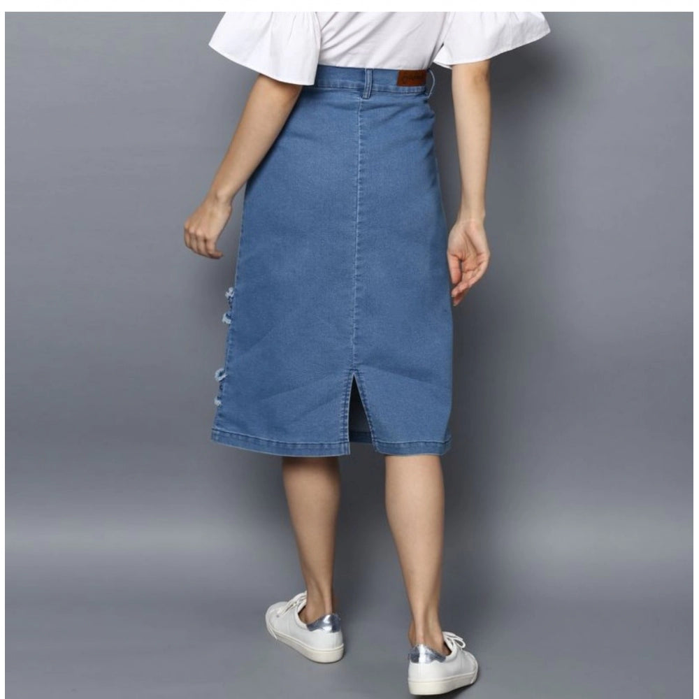 HD Women's Denim Washed Buttoned Skirt (Blue)