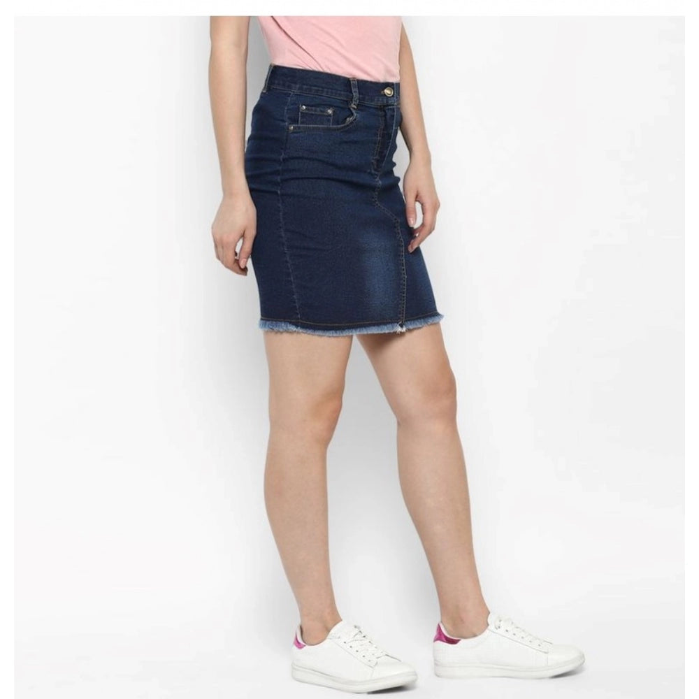 HD Women's Denim Stitching Pattern Buttoned Skirt (Blue)