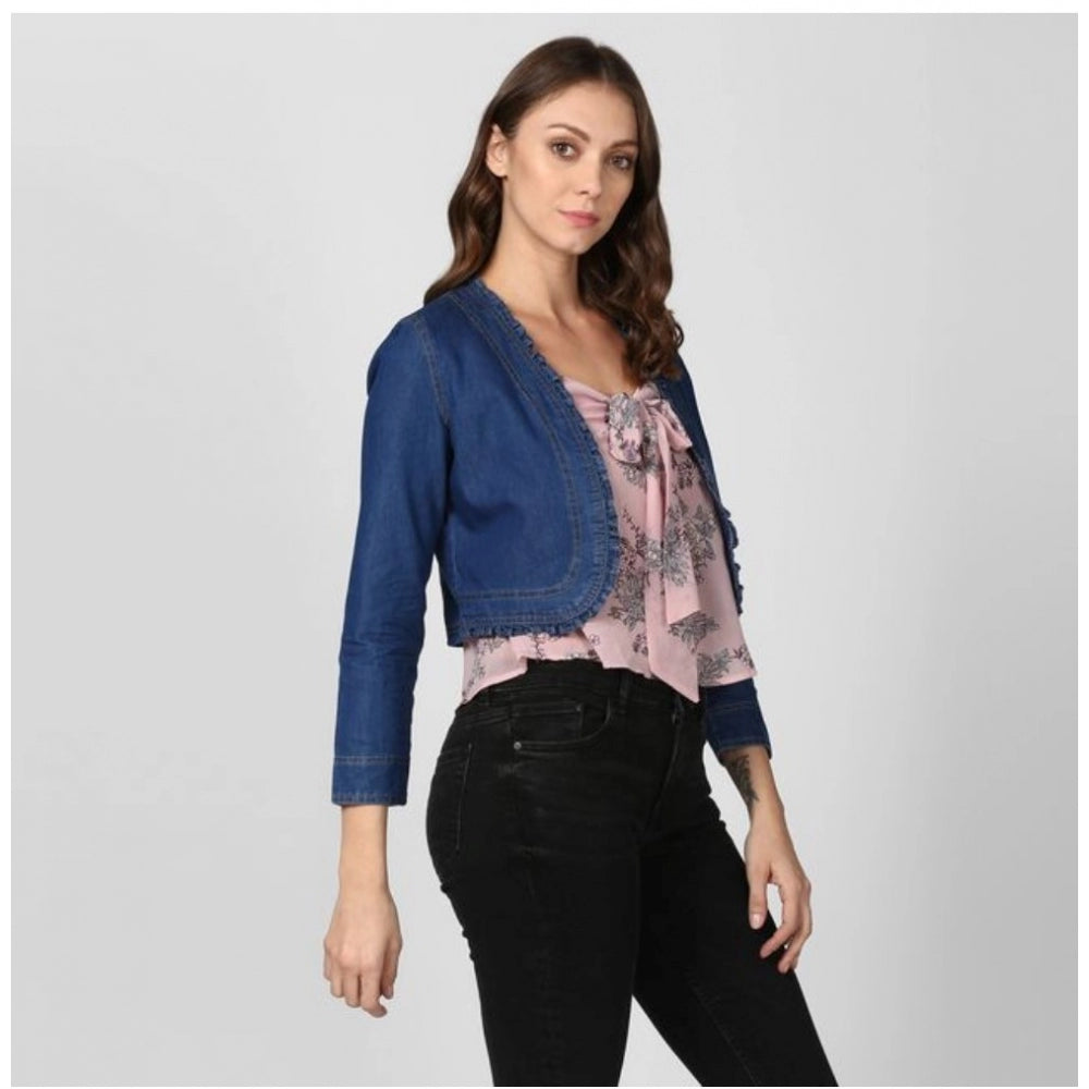HD Women's Denim Ruffled Long Sleeves Shrug (Navy Blue)