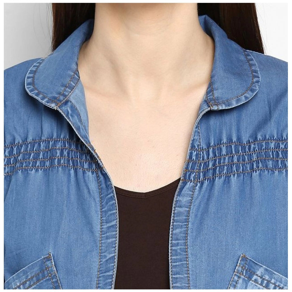 HD Women's Denim Smocking 3-4th Sleeves Shrug (Blue)
