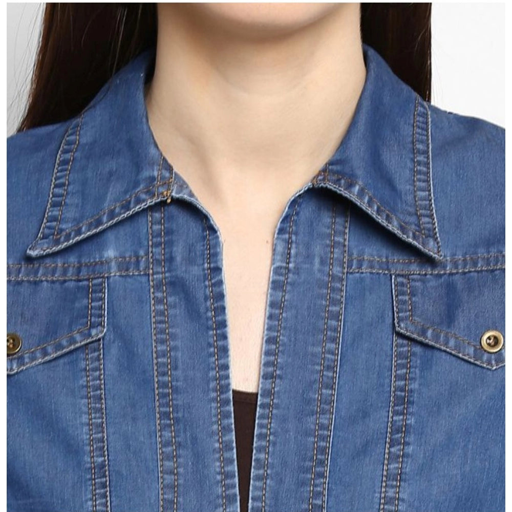 HD Women's Denim Solid 3-4th Sleeves Shrug (Blue)