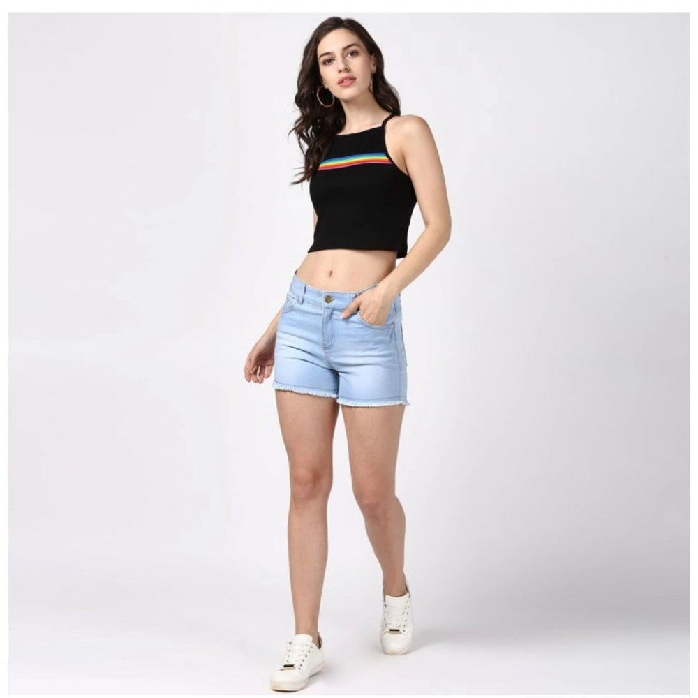 HD Women's Denim Solid Buttoned Shorts (Blue)