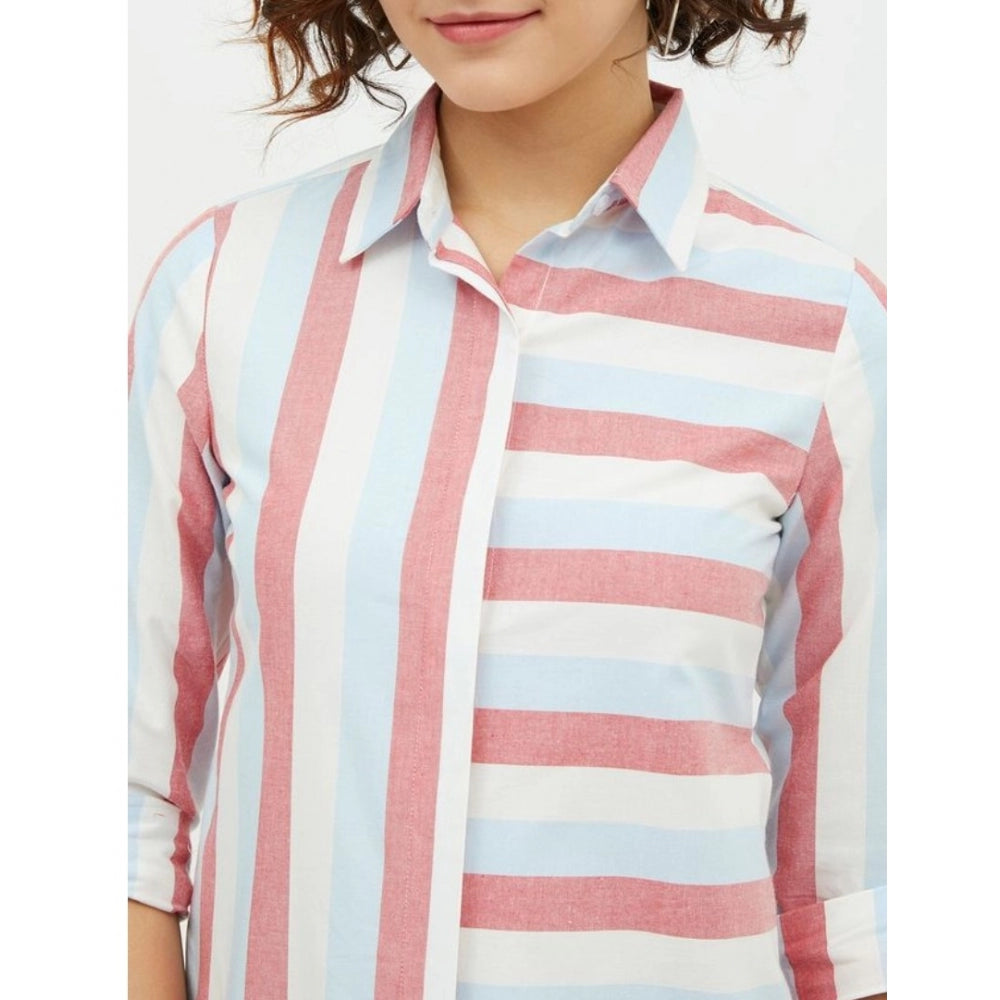 HD Women's Cotton Striped Long Sleeves Standard Length Shirt (Pink)