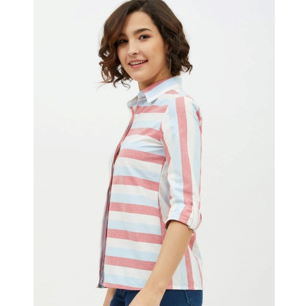 HD Women's Cotton Striped Long Sleeves Standard Length Shirt (Pink)