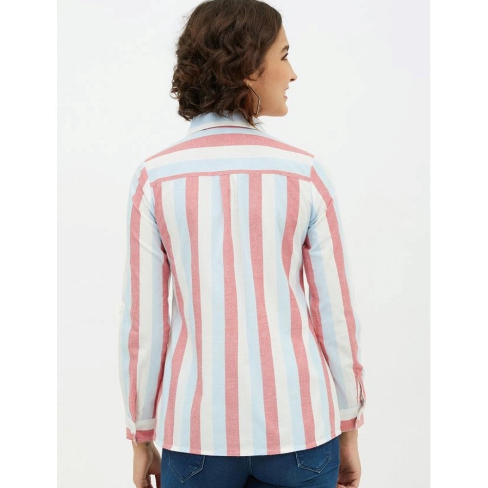 HD Women's Cotton Striped Long Sleeves Standard Length Shirt (Pink)