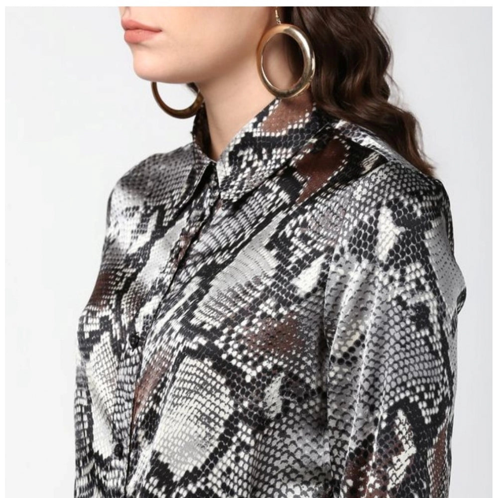 HD Women's Satin Animal Print Long Sleeves Standard Length Shirt (Black - Grey)