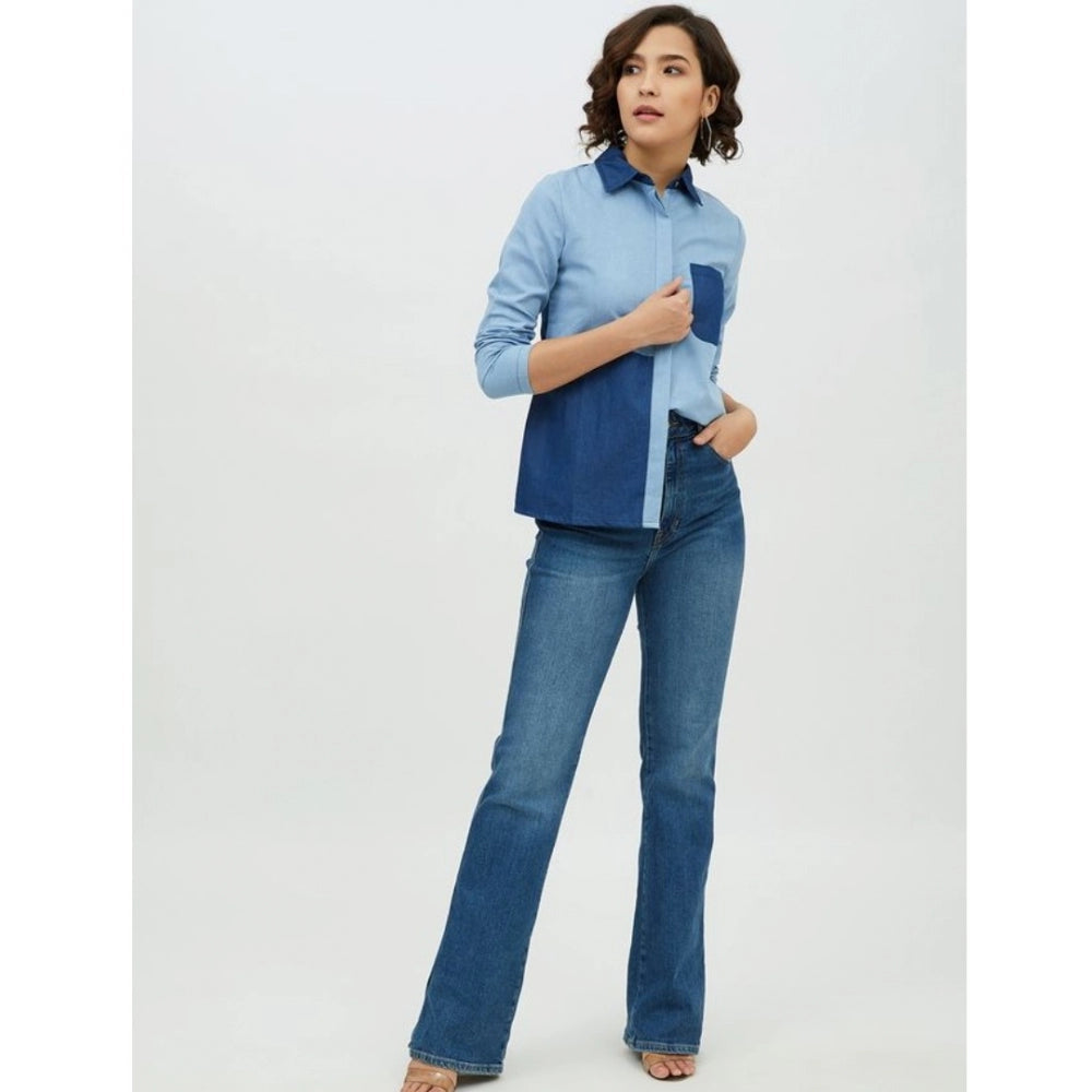 HD Women's Denim Patch Work Long Sleeves Standard Length Shirt (Blue)