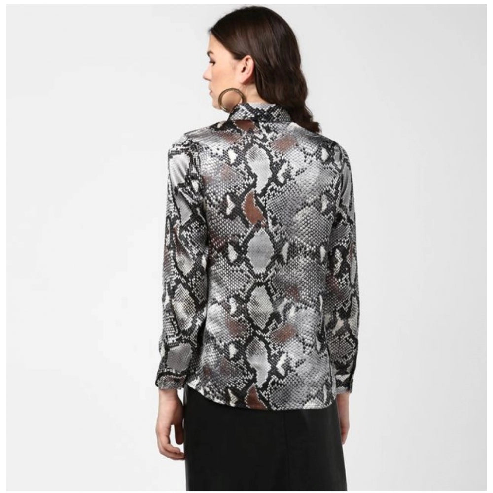 HD Women's Satin Animal Print Long Sleeves Standard Length Shirt (Black - Grey)