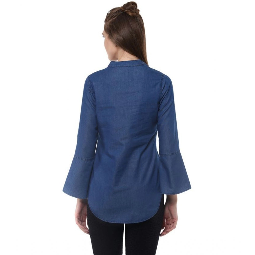 HD Women's Denim Solid Bell Sleeve Regular Top (Blue Denim)