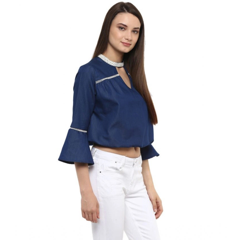 HD Women's Polyester Solid Bell Sleeve Regular Top (Blue)
