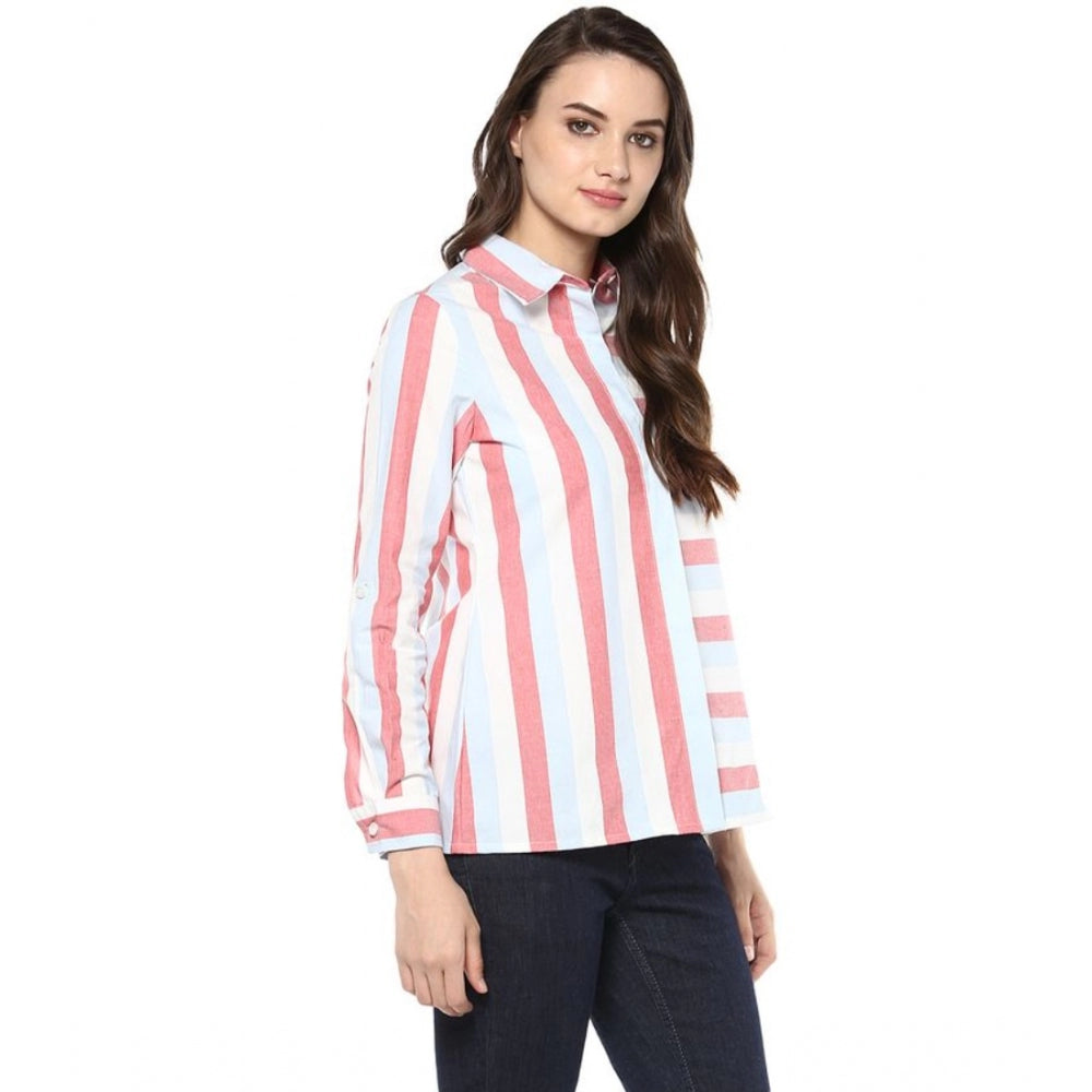 HD Women's Cotton Striped Roll Up Sleeve Regular Top (Red)
