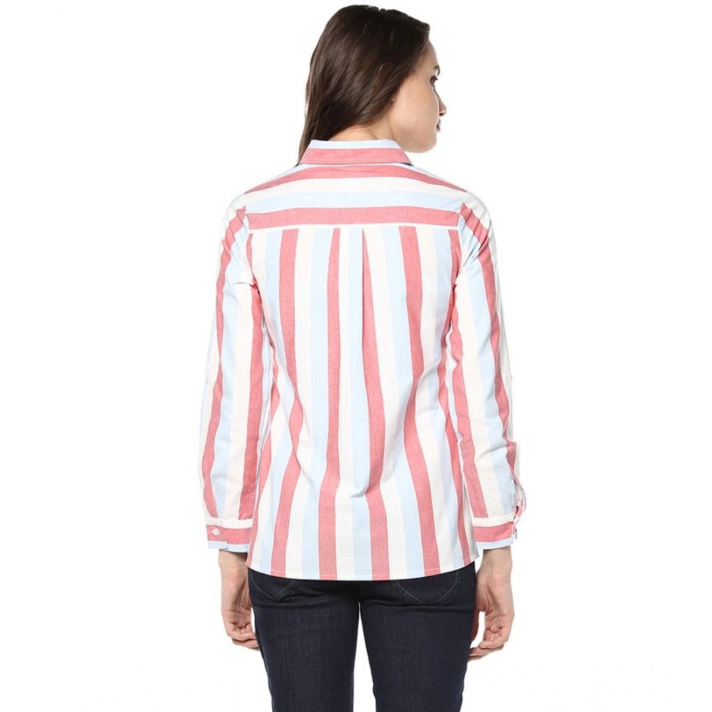HD Women's Cotton Striped Roll Up Sleeve Regular Top (Red)