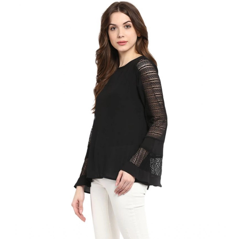 HD Women's Polyester Georgette Self Design Bell Sleeve Regular Top (Black)