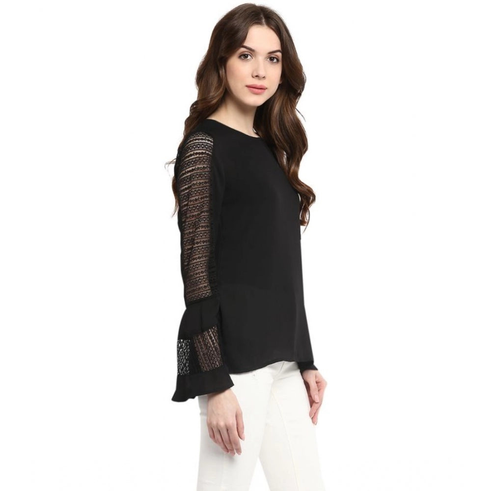 HD Women's Polyester Georgette Self Design Bell Sleeve Regular Top (Black)
