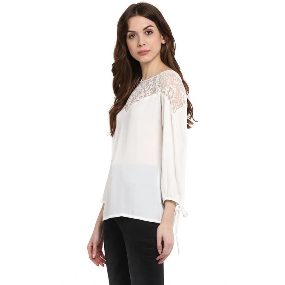 HD Women's Polyester Georgette Self Design 3-4th Sleeves Regular Top (White)