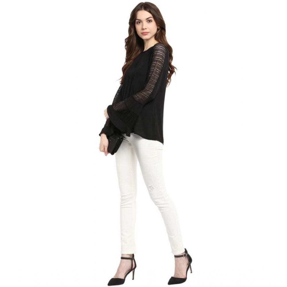 HD Women's Polyester Georgette Self Design Bell Sleeve Regular Top (Black)