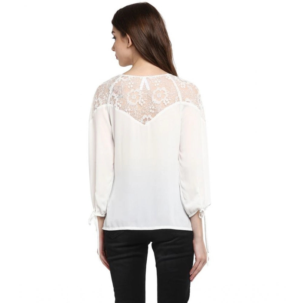 HD Women's Polyester Georgette Self Design 3-4th Sleeves Regular Top (White)