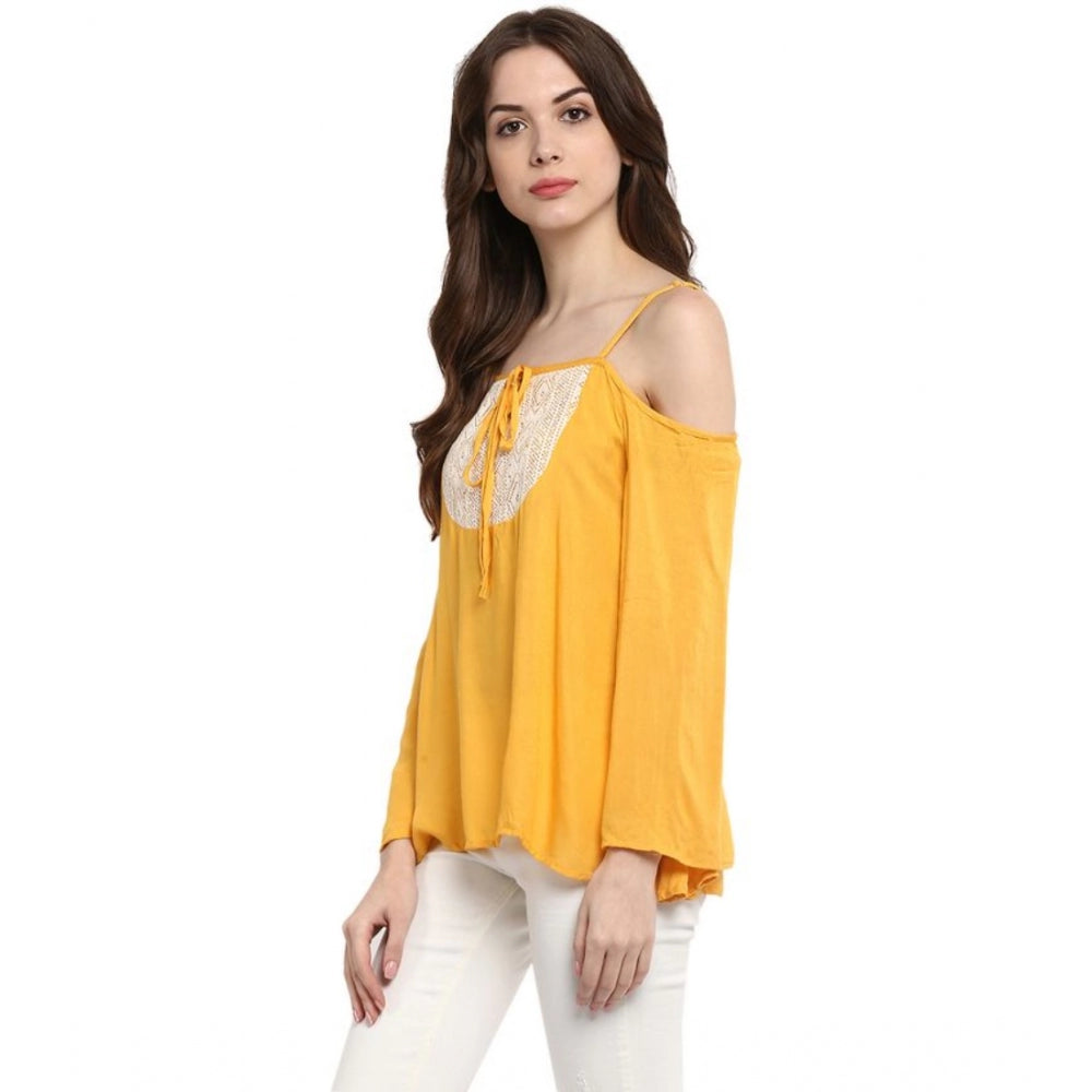 HD Women's Rayon Embellished Cold Shoulder Regular Top (Mustard Yellow)