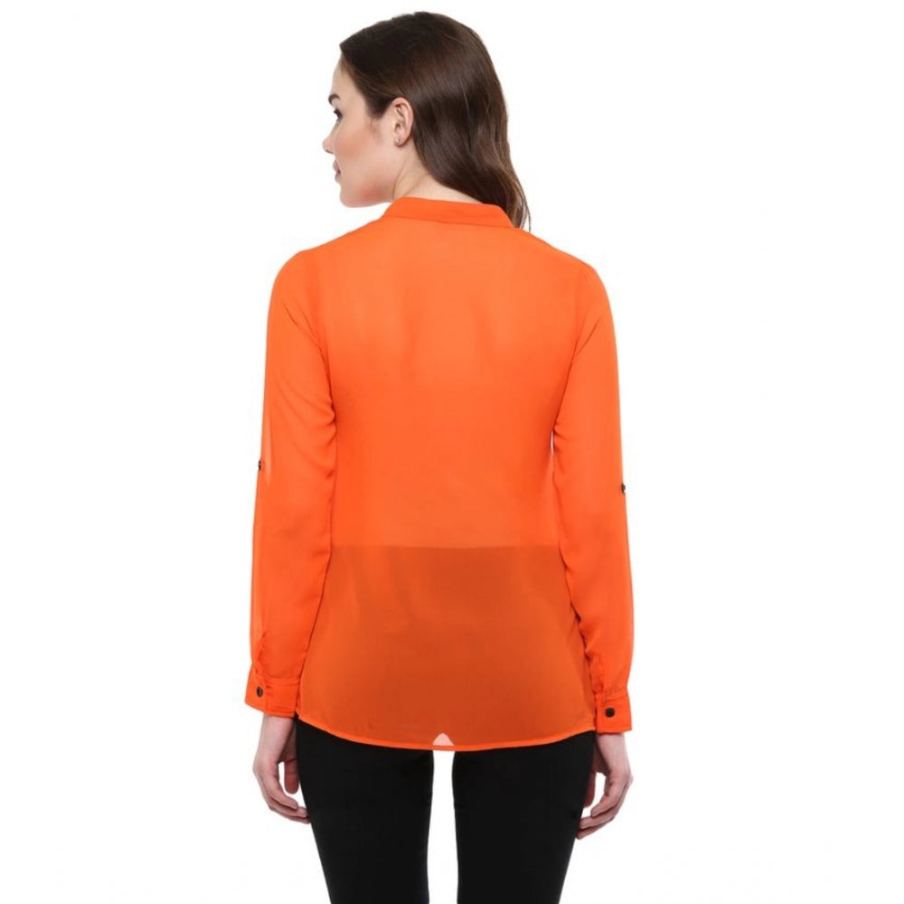 HD Women's Polyester Solid Long Sleeves Regular Top (Orange)