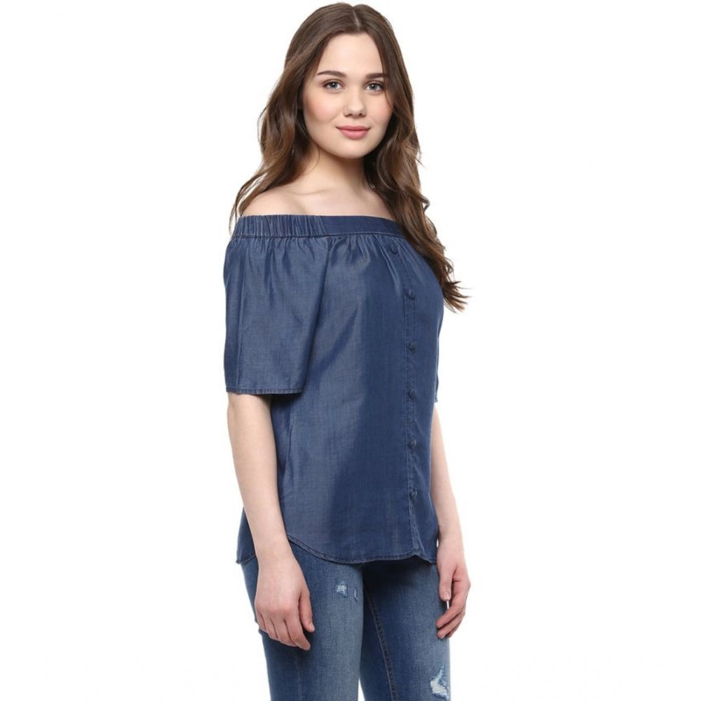 HD Women's Denim Solid Short Sleeve Regular Top (Blue)