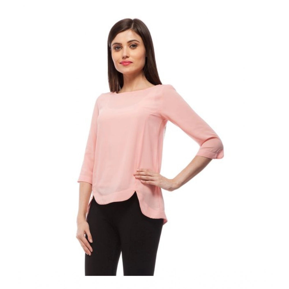 HD Women's Polyester Solid 3-4th Sleeves Regular Top (Peach)