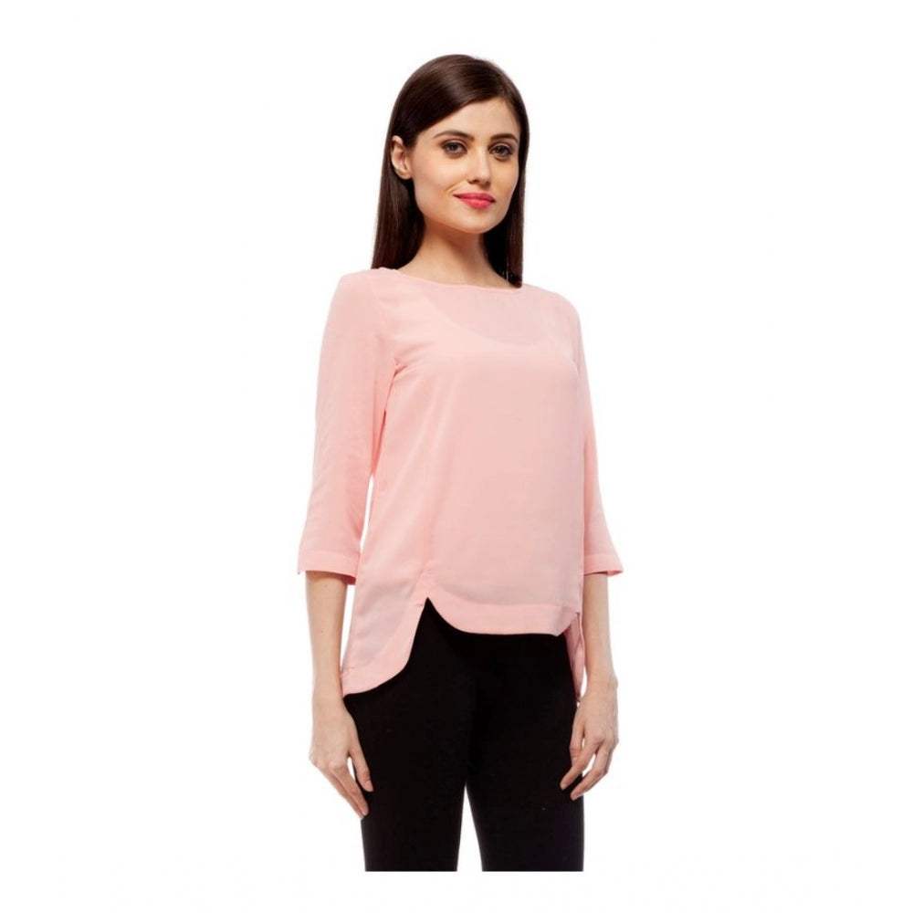 HD Women's Polyester Solid 3-4th Sleeves Regular Top (Peach)