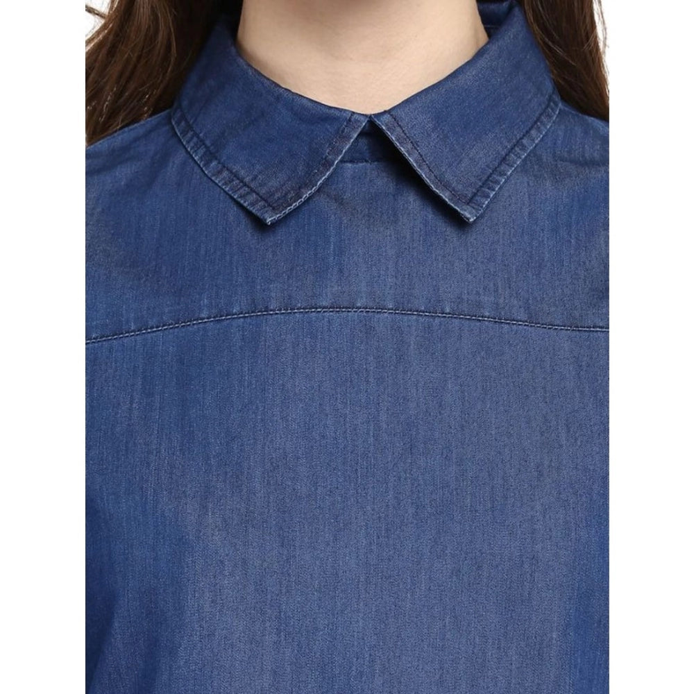 HD Women's Denim Solid Cold Shoulder Regular Top (Blue)