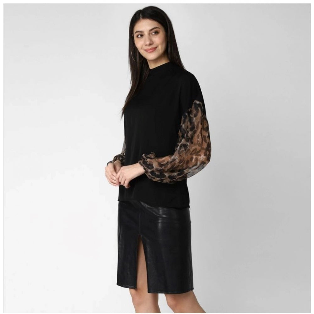 HD Women's Polyester Animal Print Long Sleeves Top (Black)