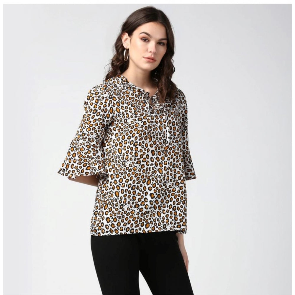 HD Women's Polyester Animal Print Bell Sleeve Top (Orange - Black)