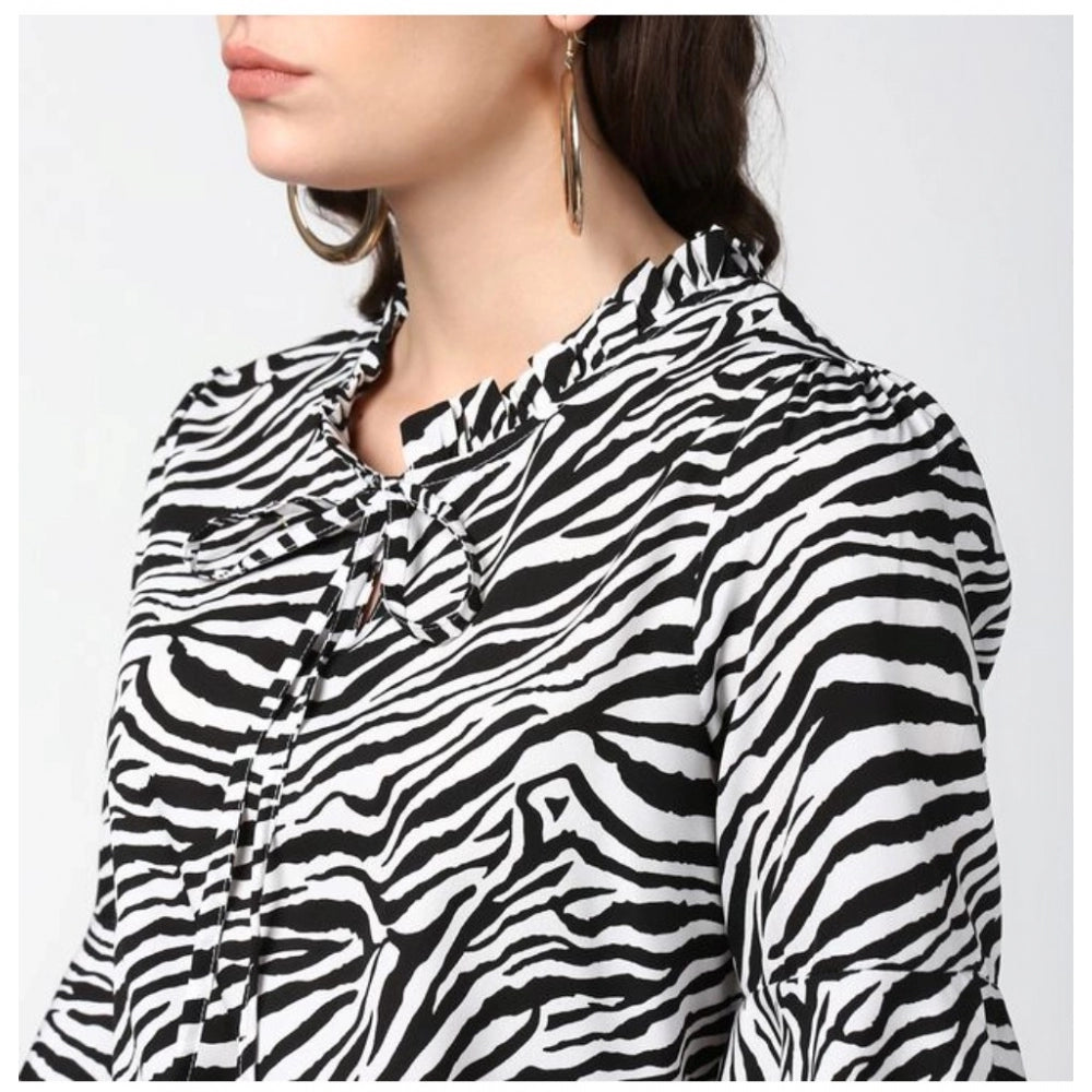 HD Women's Polyester Animal Print Bell Sleeve Top (Black - White)
