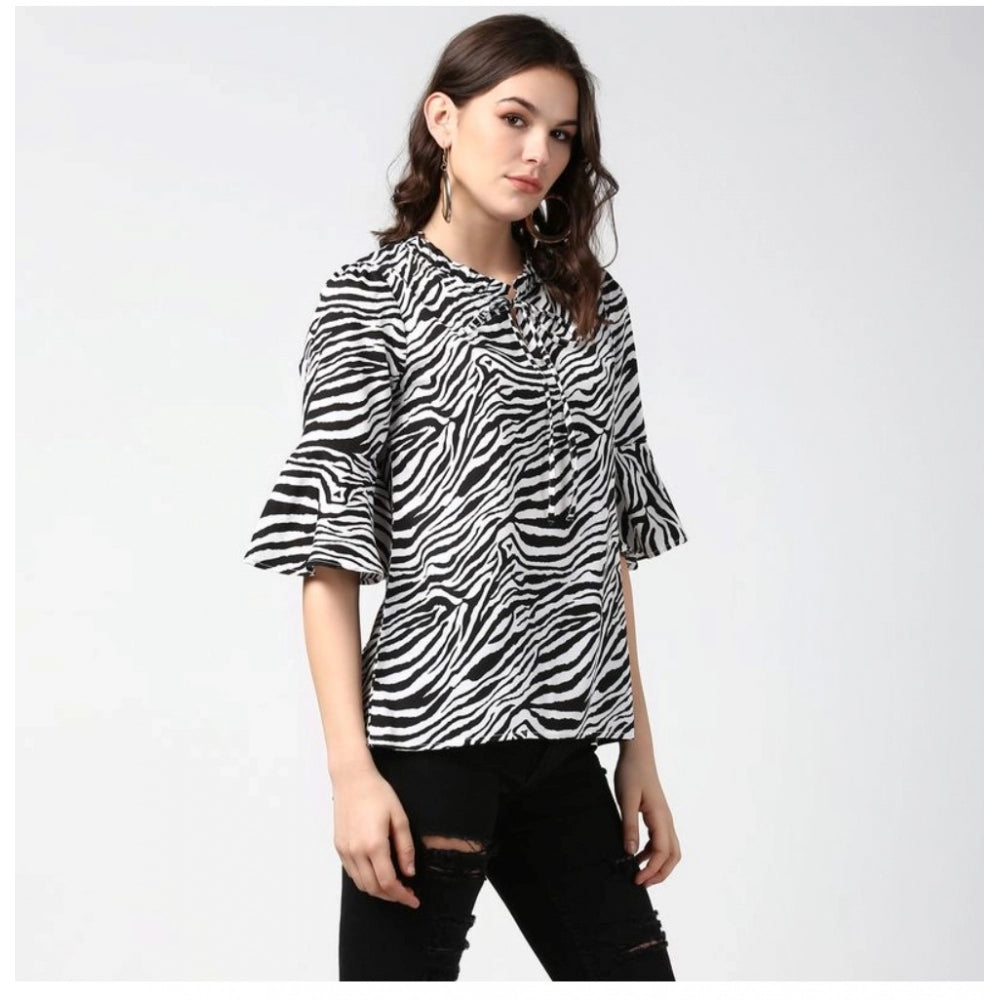 HD Women's Polyester Animal Print Bell Sleeve Top (Black - White)