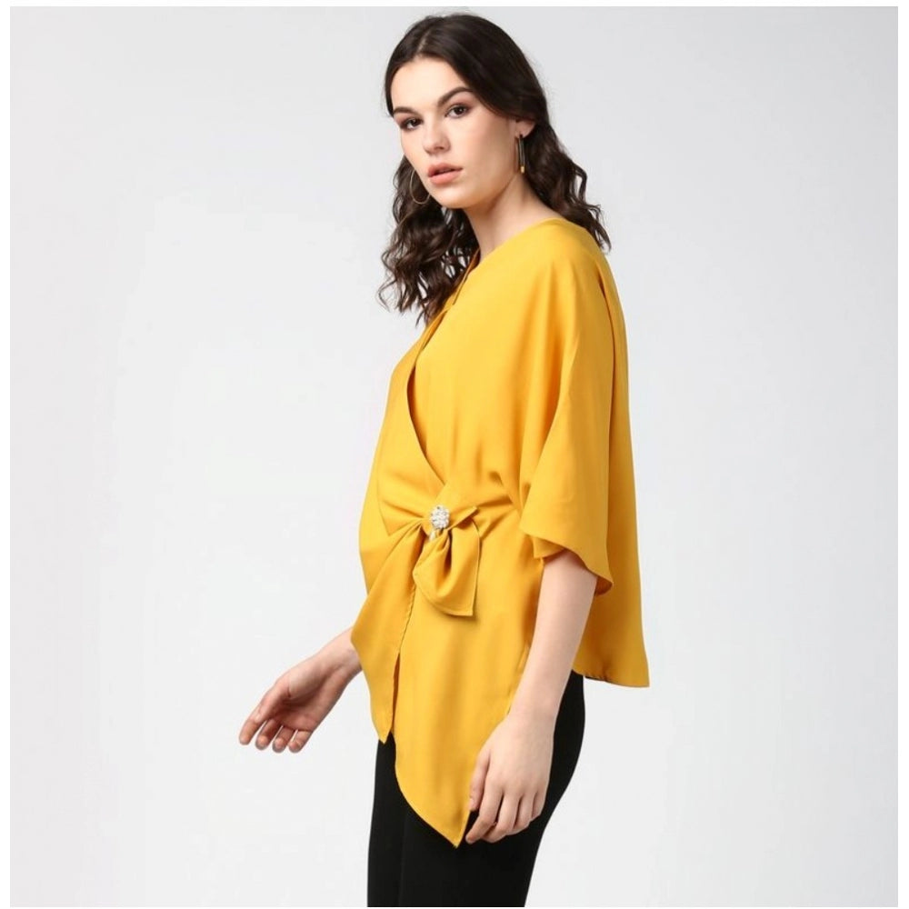 HD Women's Polyester Solid Cape Sleeve Top (Yellow)