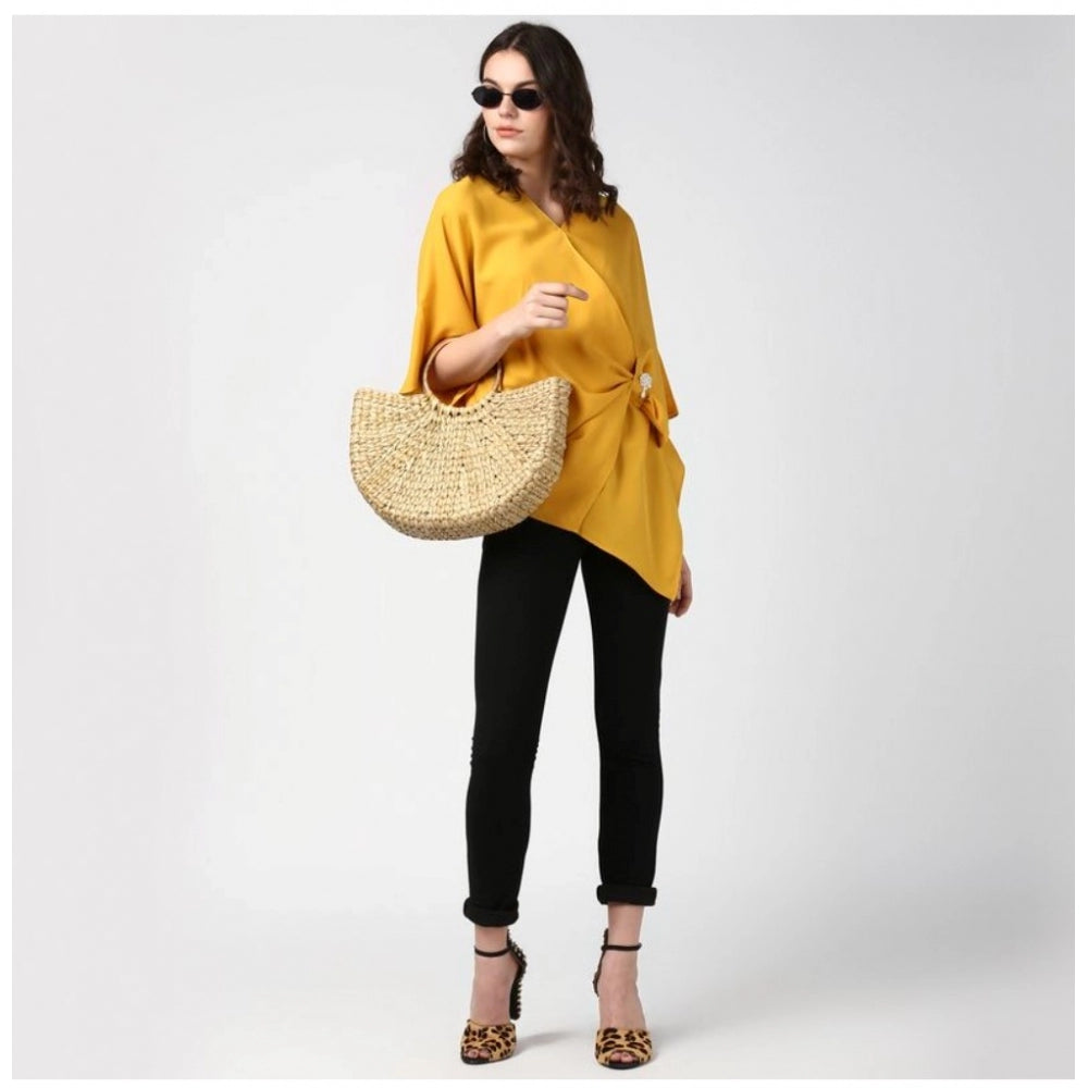 HD Women's Polyester Solid Cape Sleeve Top (Yellow)