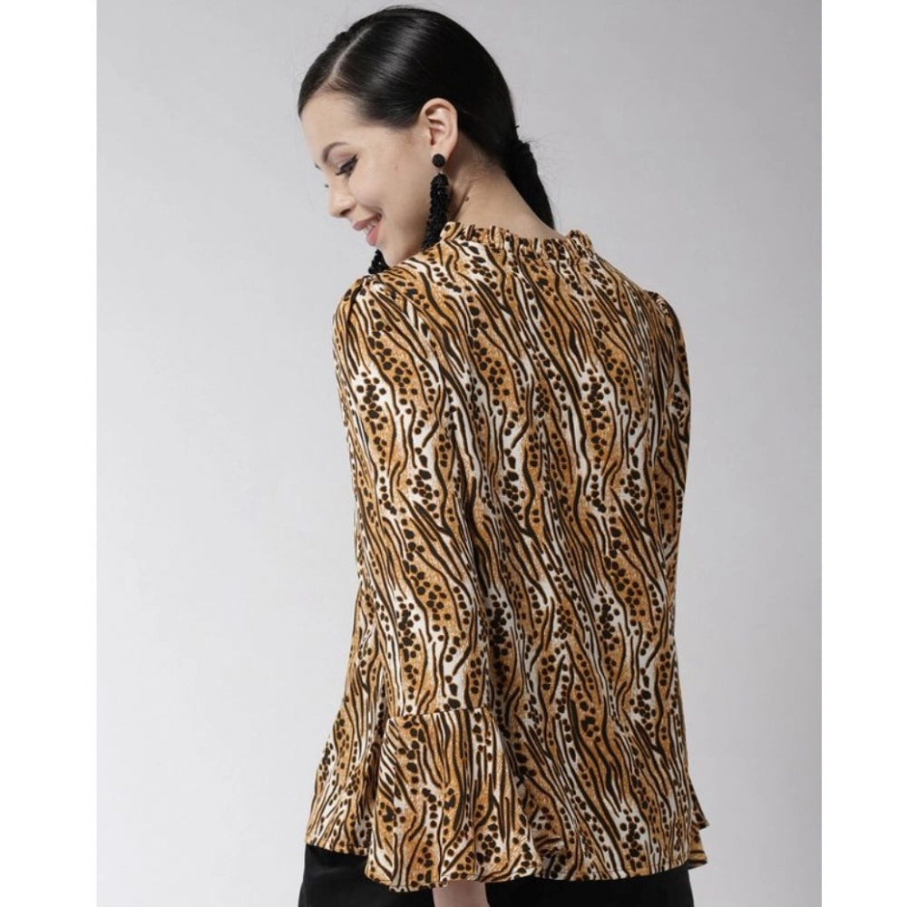 HD Women's Polyester Printed Bell Sleeve Top (Orange - Black)