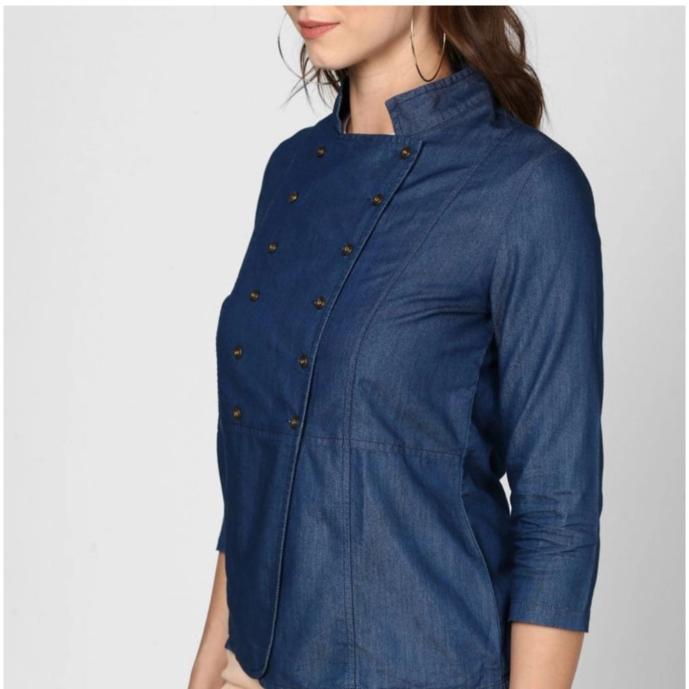 HD Women's Denim Solid 3-4th Sleeves Top (Blue)