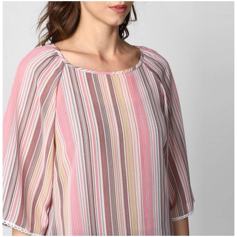 HD Women's Polyester Striped 3-4th Sleeves Top (Pink)