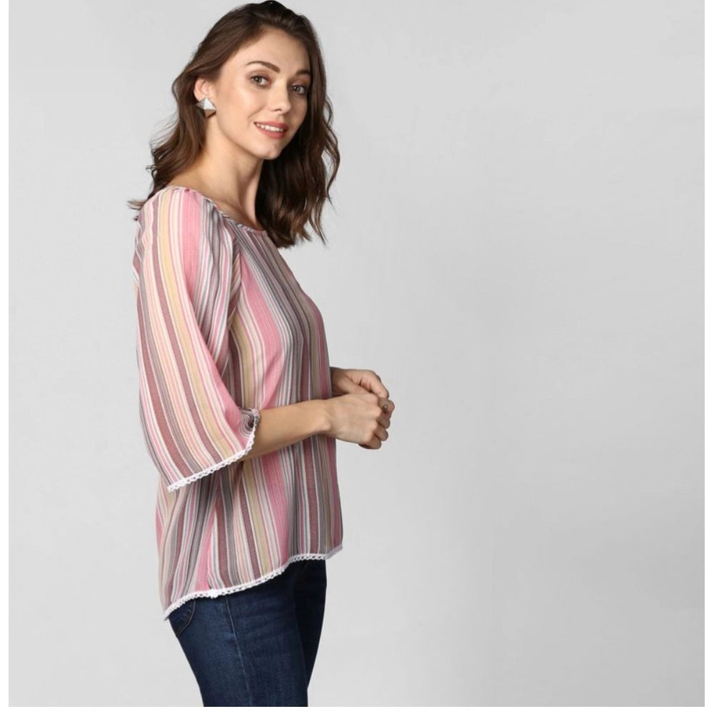 HD Women's Polyester Striped 3-4th Sleeves Top (Pink)