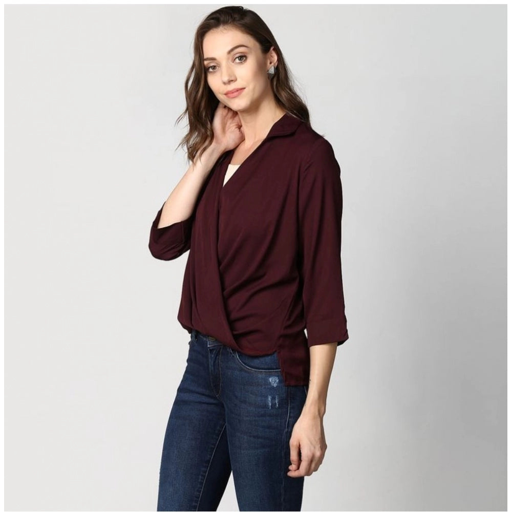 HD Women's Polyester Solid 3-4th Sleeves Top (Maroon)