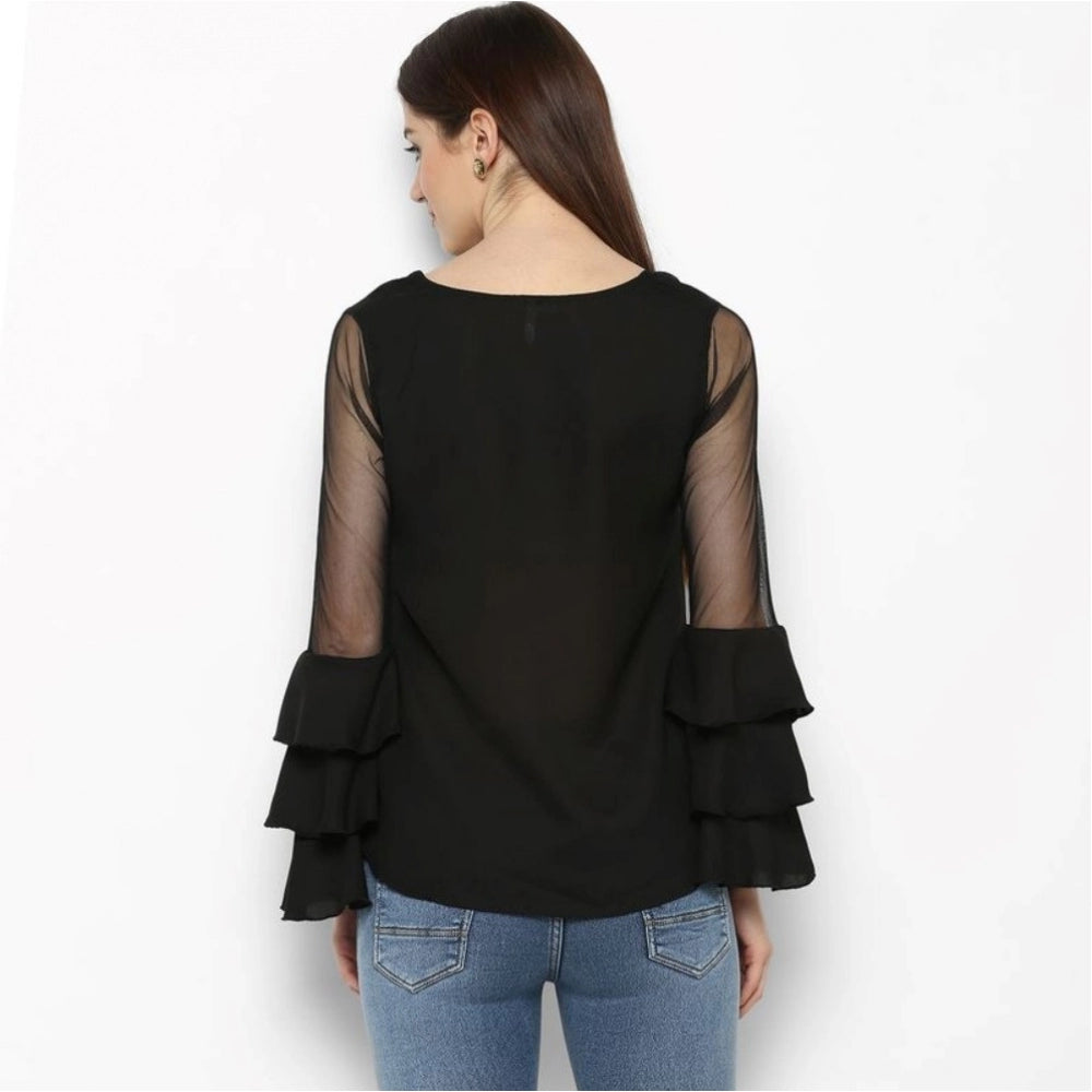 HD Women's Polyester Solid Tier Sleeve Top (Black)