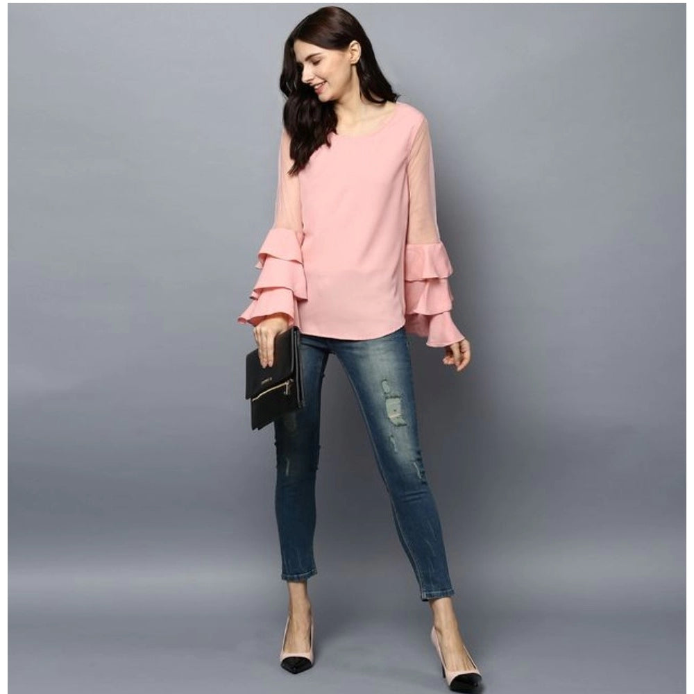 HD Women's Polyester Solid Tier Sleeve Top (Pink)