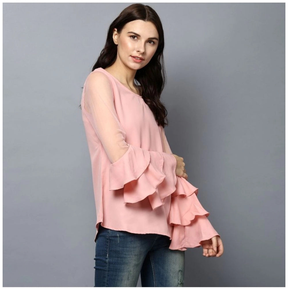 HD Women's Polyester Solid Tier Sleeve Top (Pink)
