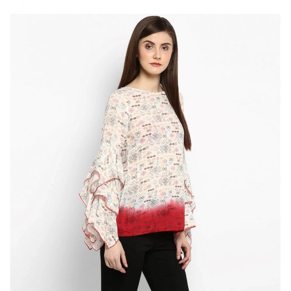 HD Women's Rayon Crepe Printed Ruffle Sleeve Top (Off White - Red)