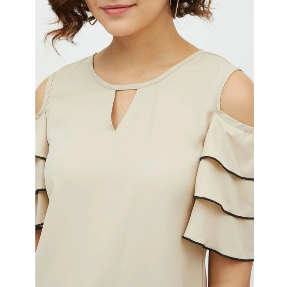 HD Women's Polyester Tiered Cold Shoulder Top (Beige)