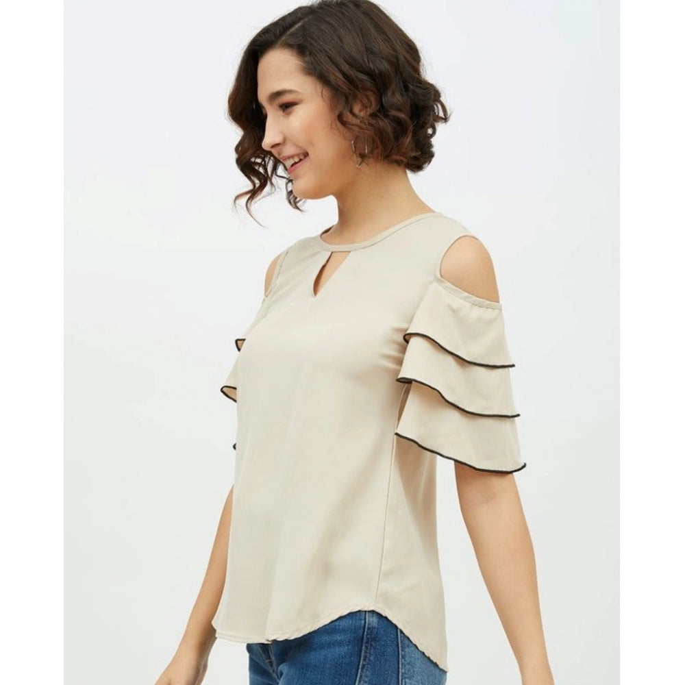 HD Women's Polyester Tiered Cold Shoulder Top (Beige)